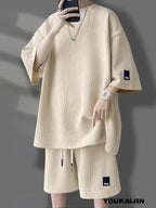 Men's Korean Summer Tracksuit Casual T-Shirt and Shorts Set Solid Color Loose Fit