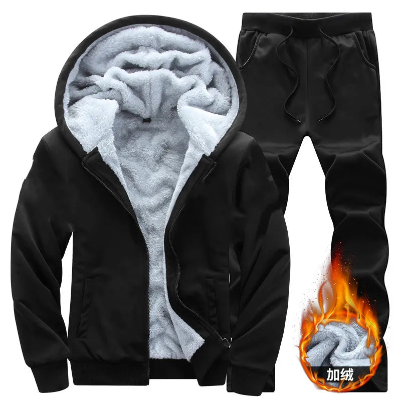 Men's Casual Plush Thickened Hoodie and Pants Two Piece Tracksuit Set