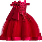 Girls' Flower Applique Bow Princess Ball Gown Dress