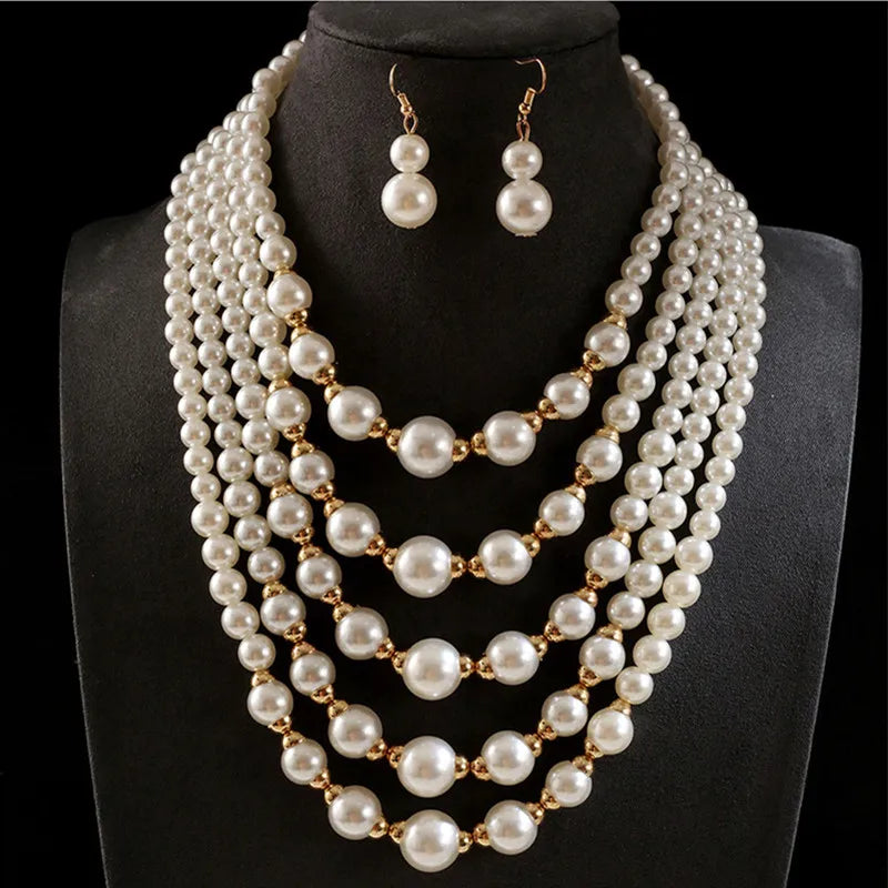 Simulated Pearl Multilayer Necklace and Earrings Jewelry Set