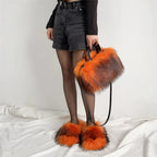 Women's Faux Fur Slides With Matching Shoulder Bag Set