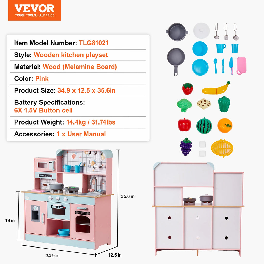 Kids' Pretend Play Wooden Kitchen Set with Lights and Sounds