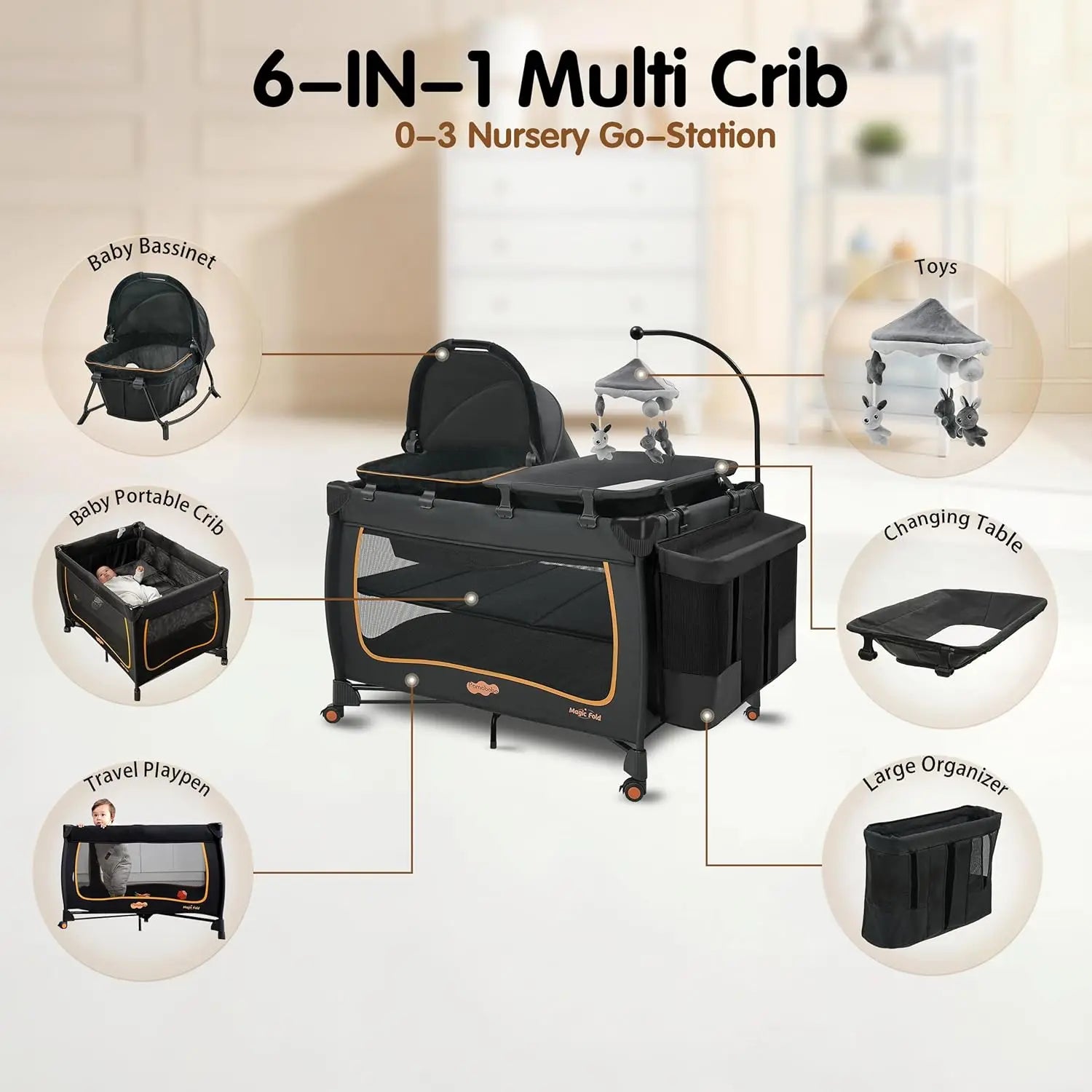 6 in 1 Baby Pack and Play Travel Crib with Bassinet