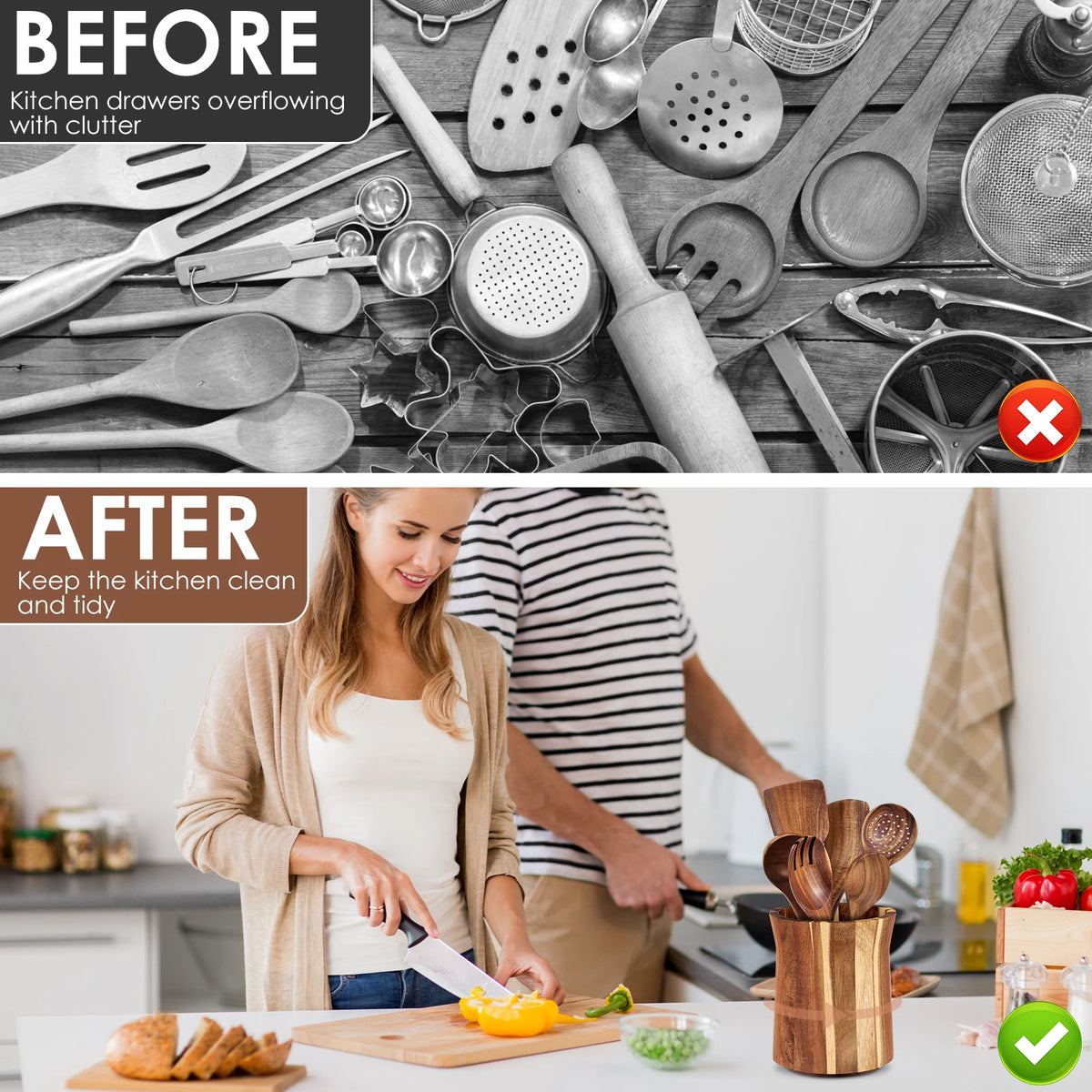 Rotating Wooden Utensil Holder and Kitchen Countertop Organizer