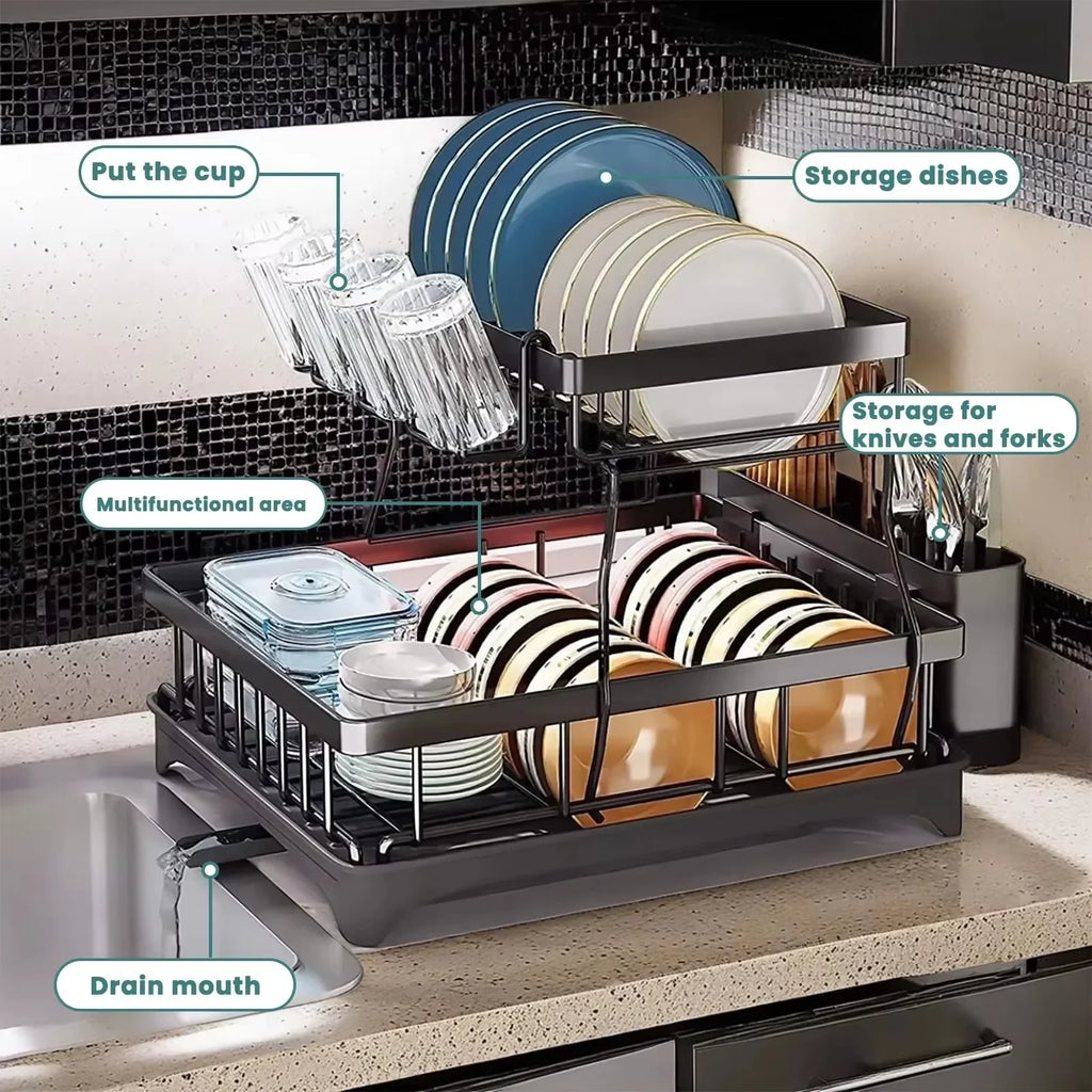2-Tier Kitchen Dish Drying Rack with Swivel Spout Drip Tray