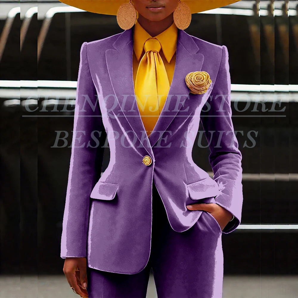 Women's Velvet Notch Lapel Slim Fit 2 Piece Pants Suit