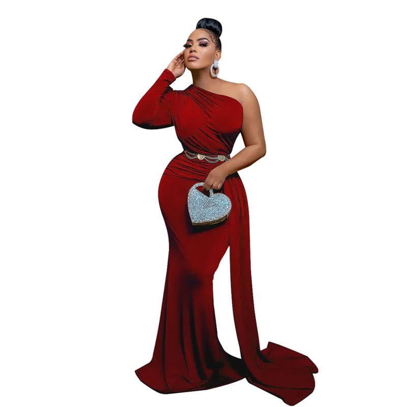 Women's One Shoulder Ruched Mermaid Maxi Evening Dress