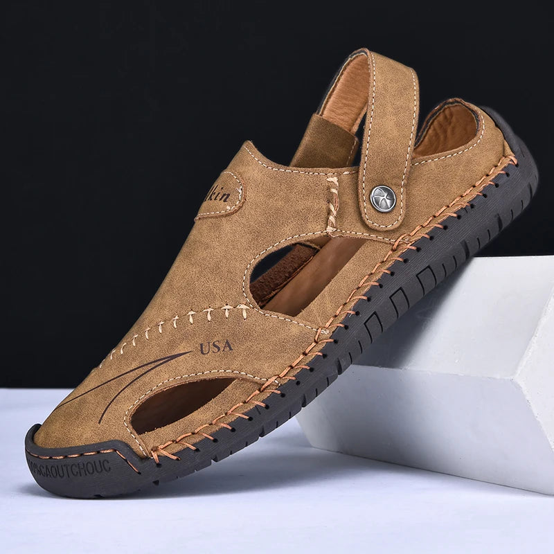 Abfuber Men's Casual Leather Sandals Breathable Hollow Out Shoes