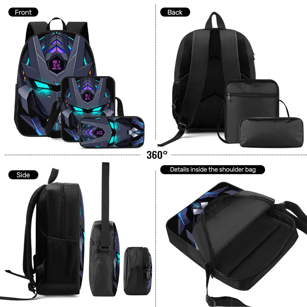 Unisex Futuristic Mecha Backpack 3-Piece Bag Set