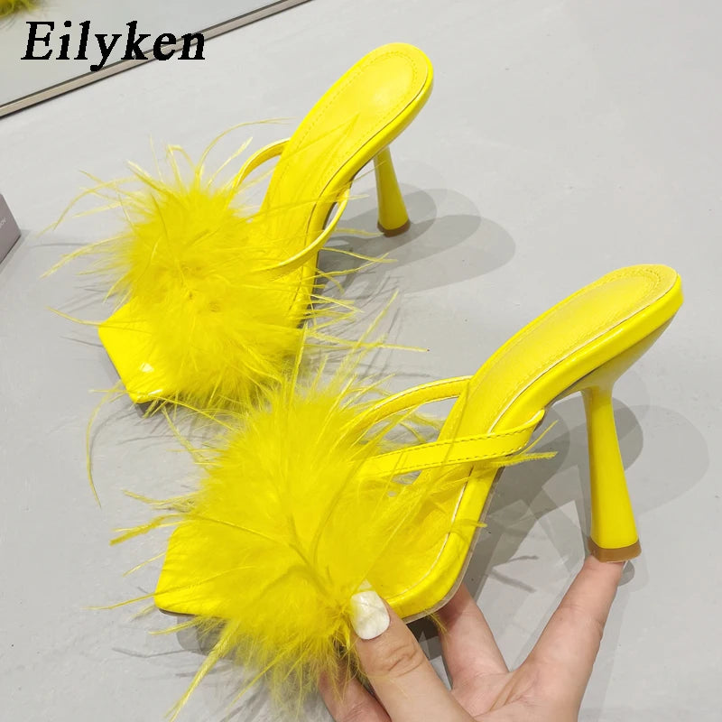 Women's Fluffy Furry Peep Toe Stiletto Mules
