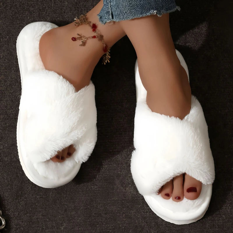Women's Open-Toe Cross Strap Fluffy Fur Slippers Lightweight Flat Slides