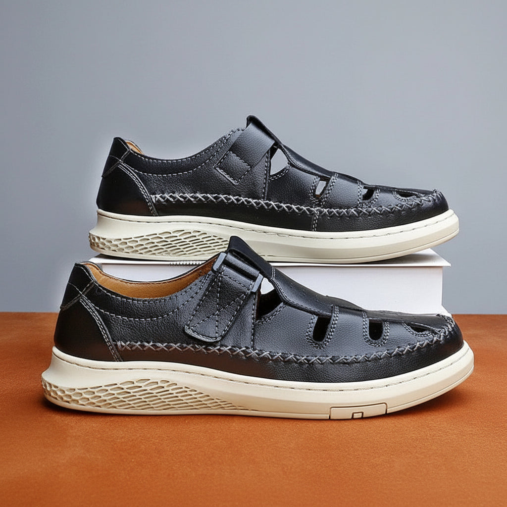 Men's Retro Leather Hollow Breathable Sandals Non-Slip Walking Shoes