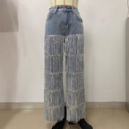 Women's High Waisted Straight Leg Jeans with Tassel and Sequin