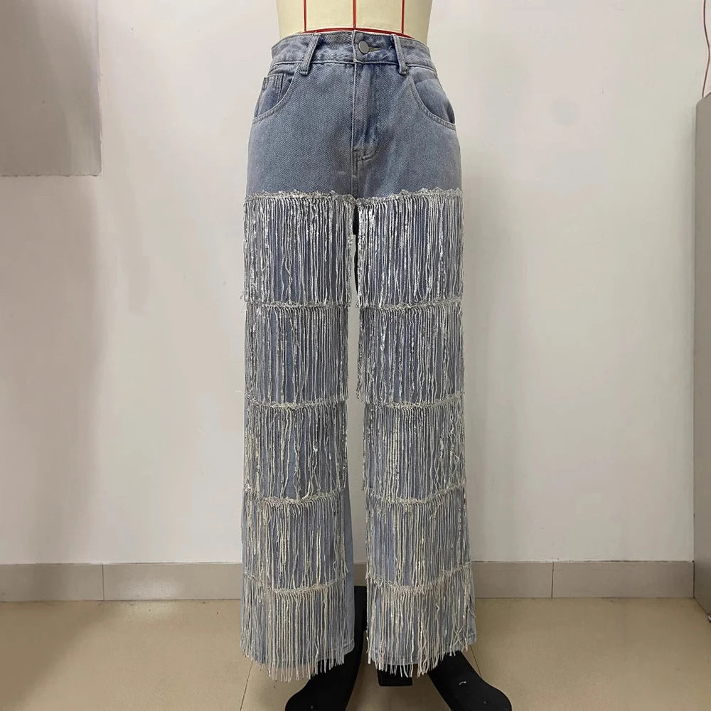 Women's High Waisted Straight Leg Jeans with Tassel and Sequin