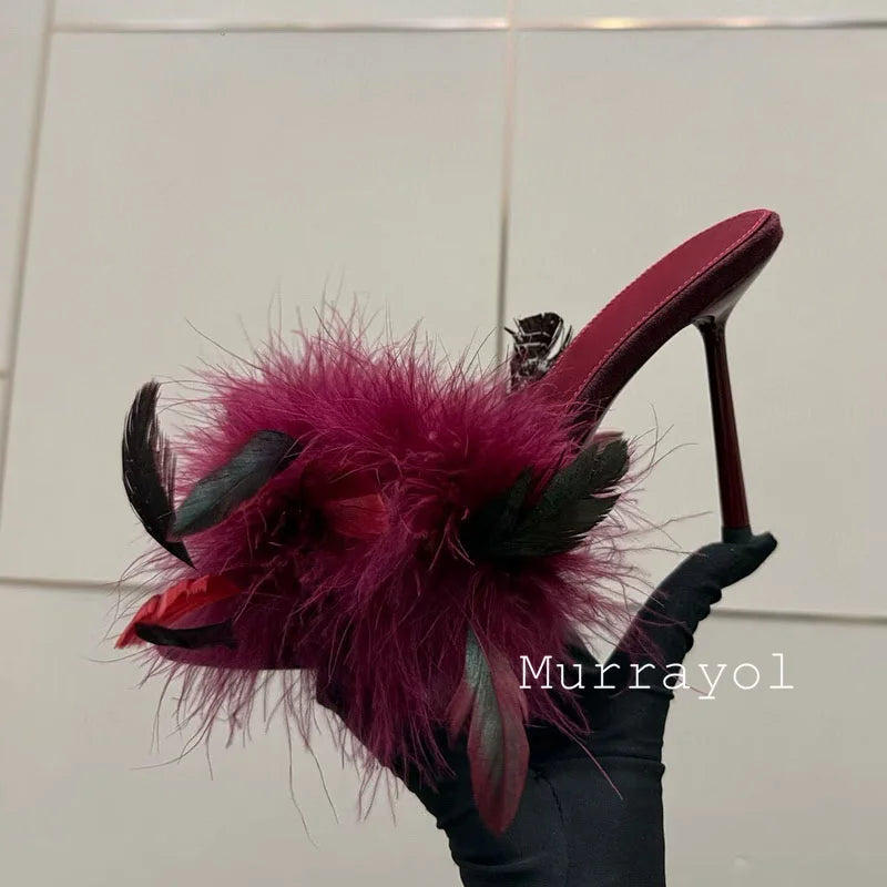 Women's Feather Embellished Split Toe Thin High Heel Sandals