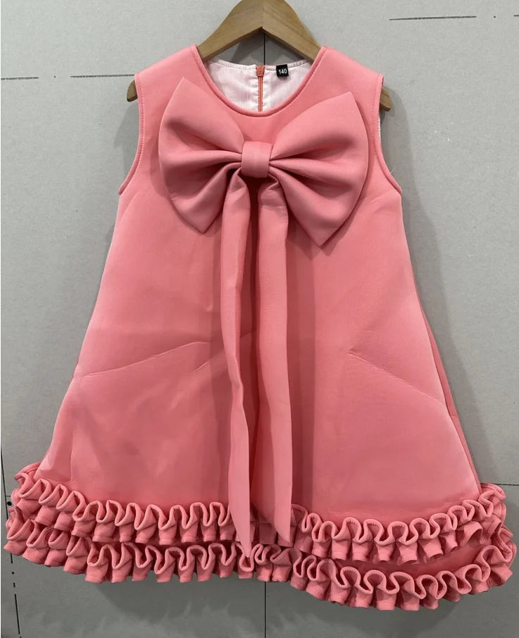 Girls' Bowknot Ruffled Hem Sleeveless Princess Dress A4028-3