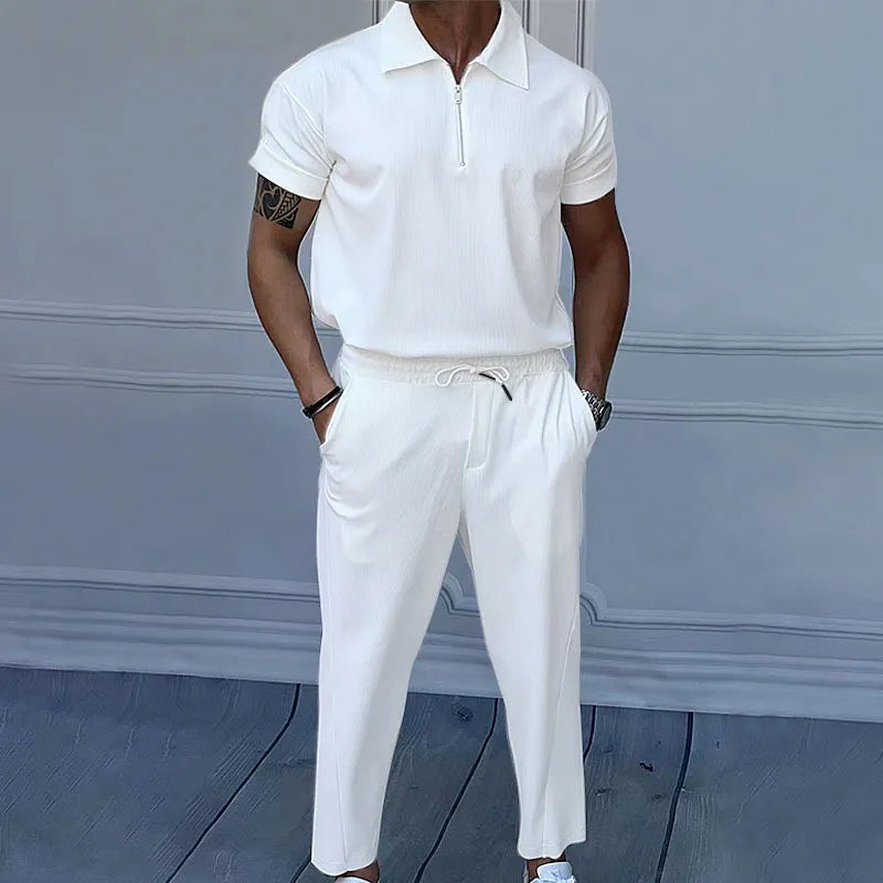 Men's Solid Color Lapel Short Sleeve Zipper Trouser Suit