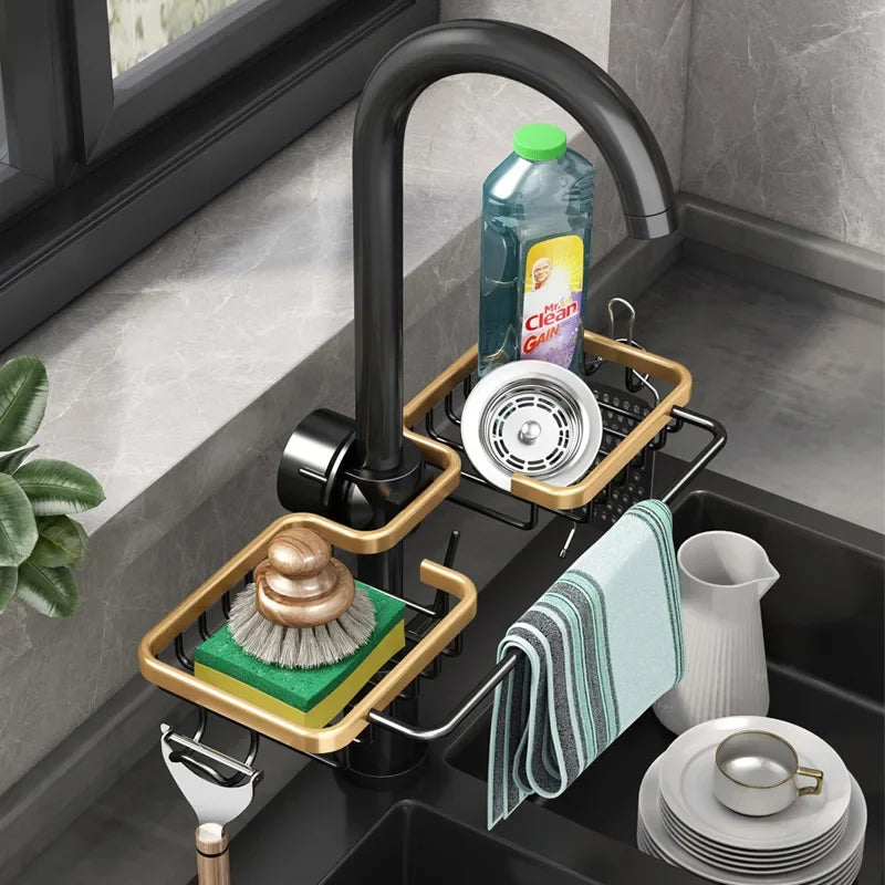 Kitchen Space Aluminum Sink Drain Rack and Sponge Storage Holder