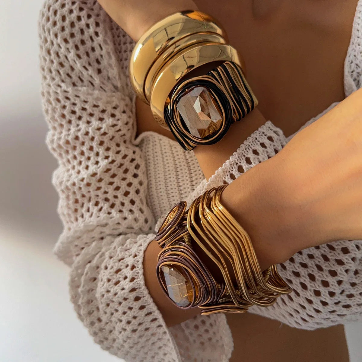 Women's Fashion Retro Multi-layer Gold Glass Cuff Bangle Bracelet