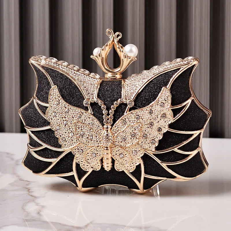 Hollow Butterfly Evening Clutch Bag with Sequins and Diamonds