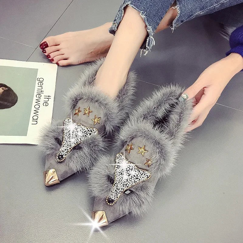 Women's Crystal Fox Head Pointed Toe Plush Ankle Boots