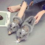 Women's Crystal Fox Head Pointed Toe Plush Ankle Boots