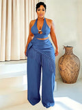 Women's Neck Wrap Fringe Top Straight Leg Pants Set