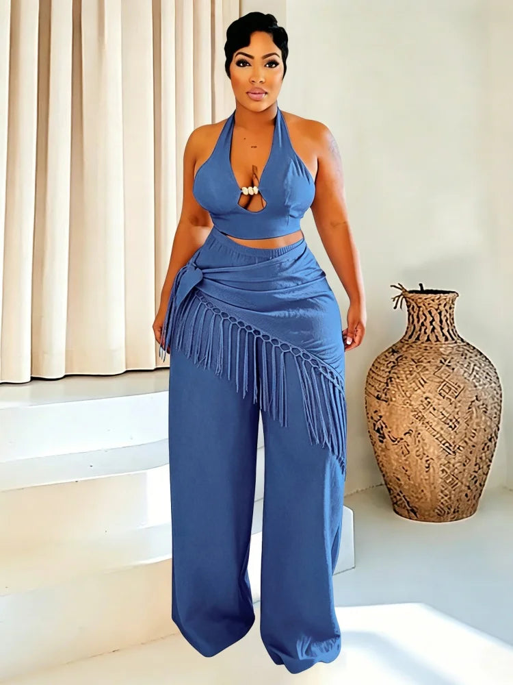 Women's Neck Wrap Fringe Top Straight Leg Pants Set