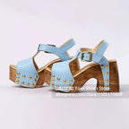 Women's Studded Wooden Block Heel Platform Sandals