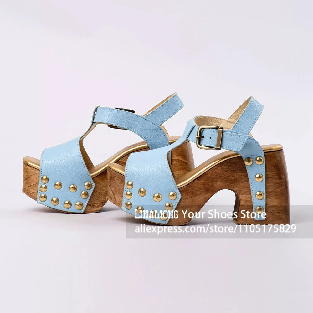 Women's Studded Wooden Block Heel Platform Sandals