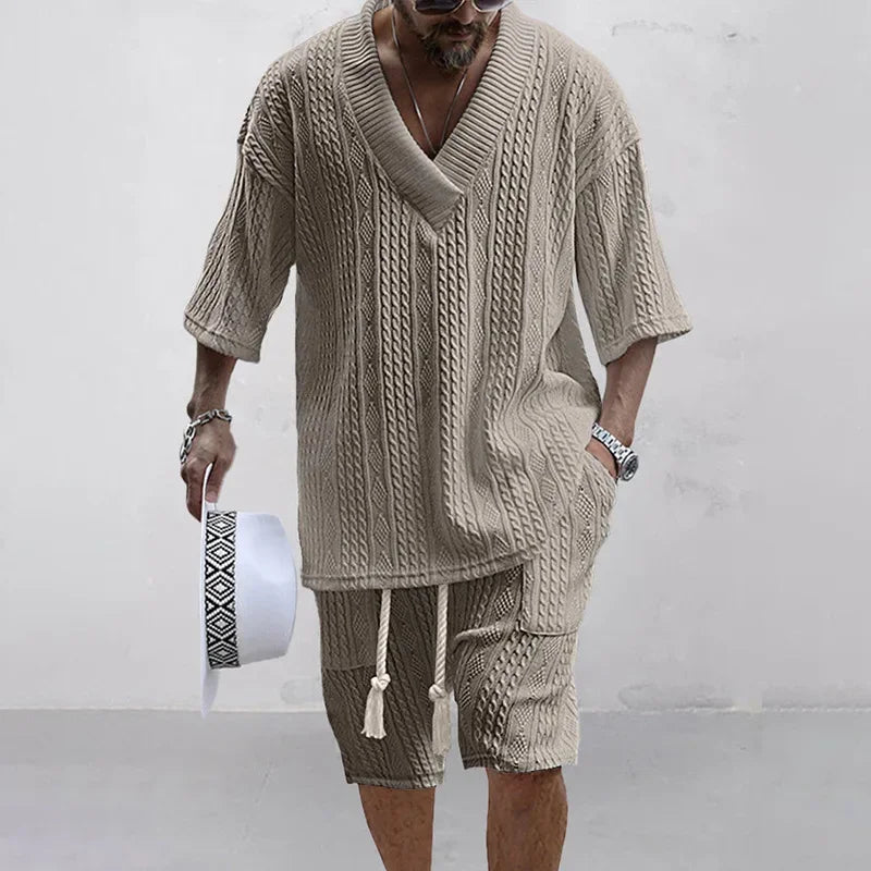 Men's V-Neck Short Sleeve Knitted T-Shirt and Shorts Casual Two-Piece Set