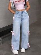 Women's Bowknot Washed Denim Loose Wide Leg Jeans