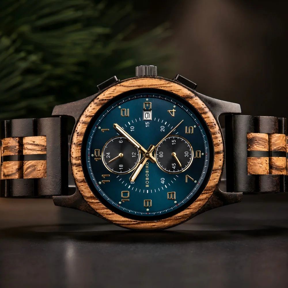Men's Wooden Chronograph Watch with Luminous Hands and Gift Box