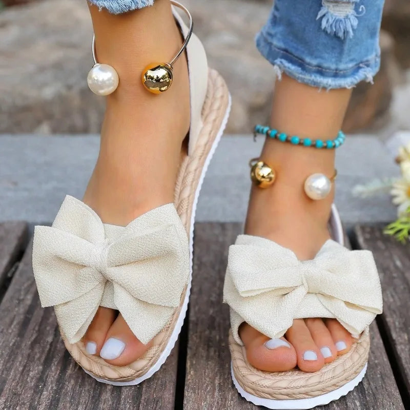Women's Pearl Bow Flat Sandals Casual Summer Slip-On