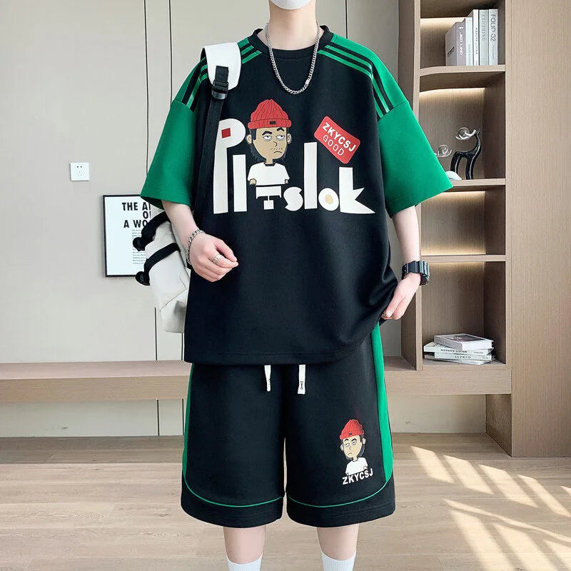 Men's Casual Printed Short Sleeve T-Shirt and Shorts Two Piece Set