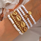 Women's Fashion Bohemian Shell Starfish Stacked Pearl Bead Bracelet Set