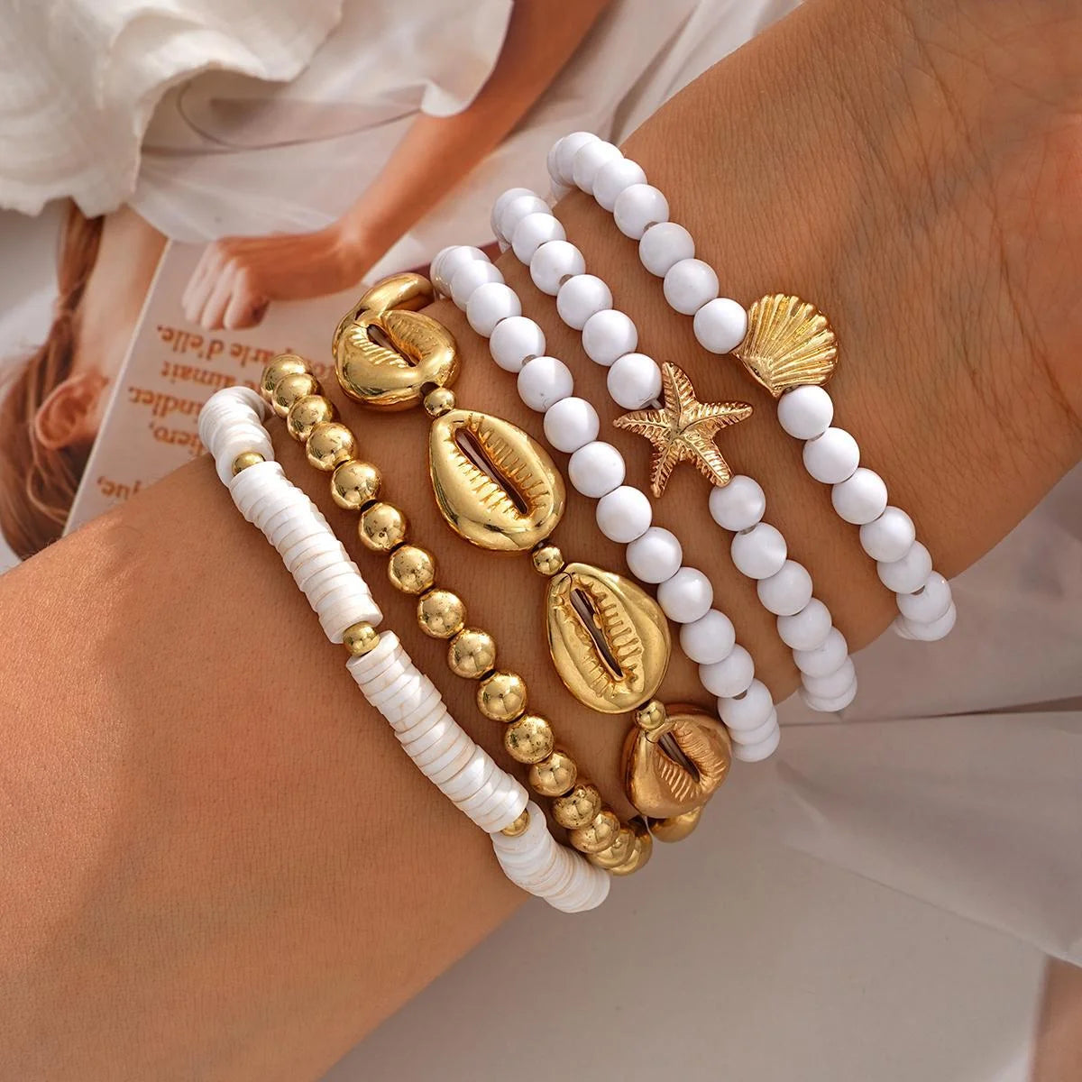 Women's Fashion Bohemian Shell Starfish Stacked Pearl Bead Bracelet Set