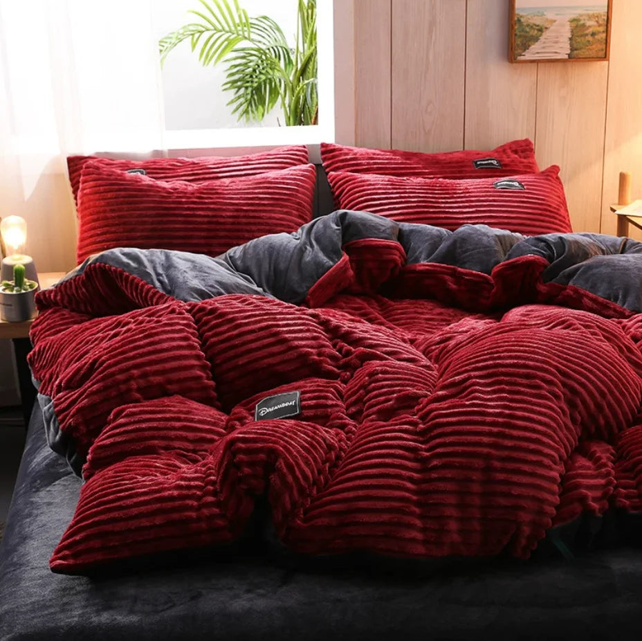 Warm Coral Fleece Duvet Cover and Plush Bedding Set