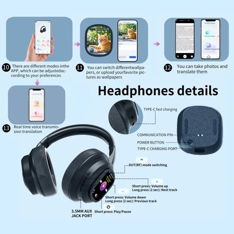 ANC Wireless Bluetooth Over Ear Headphones Touch Screen AI