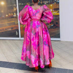 Women's Floral Print Chiffon Puff Sleeve Maxi Dress