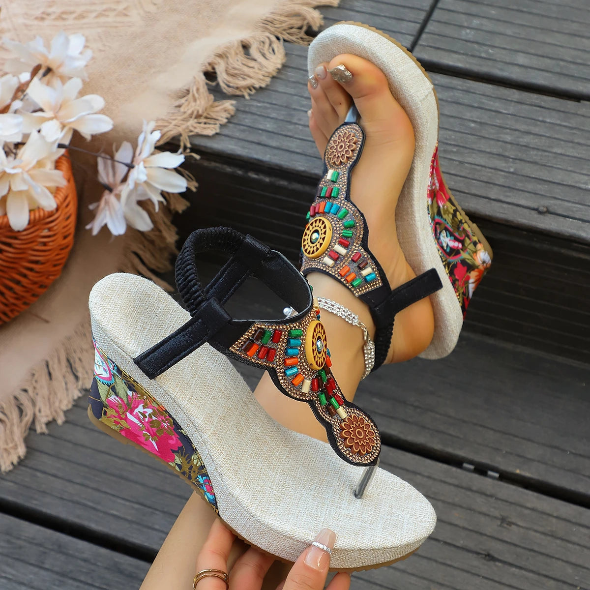 Vintage Rivet Decor Wedge Sandals for Women Ankle Buckle
