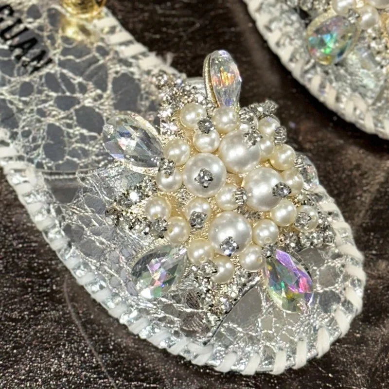 Women's Pearl Crystal Flower Flat Sandals Casual Open Toe