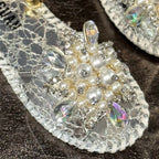 Women's Pearl Crystal Flower Flat Sandals Casual Open Toe