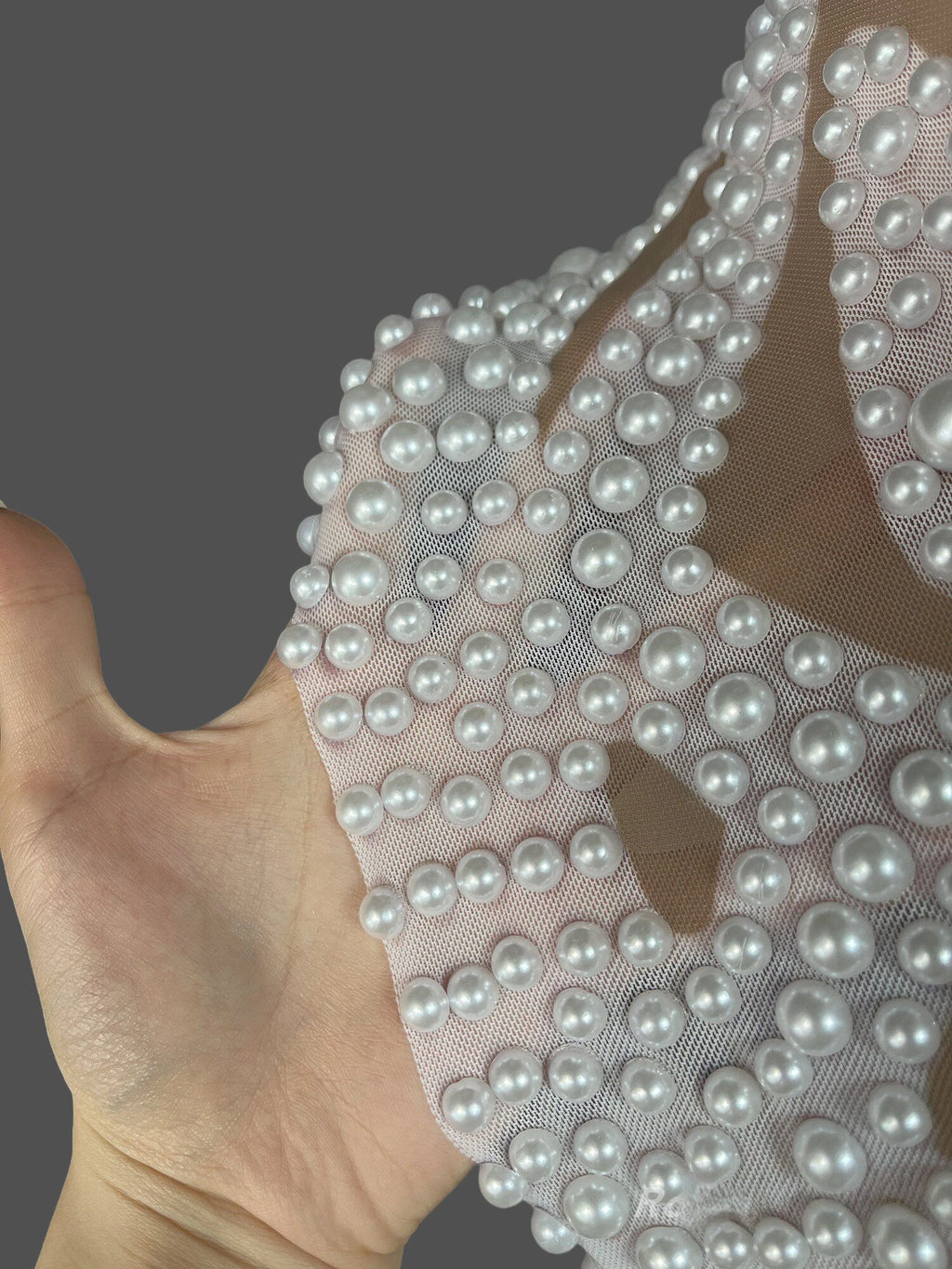 Women's Sexy Pearls Mesh Long Sleeve Bodycon Mini Dress