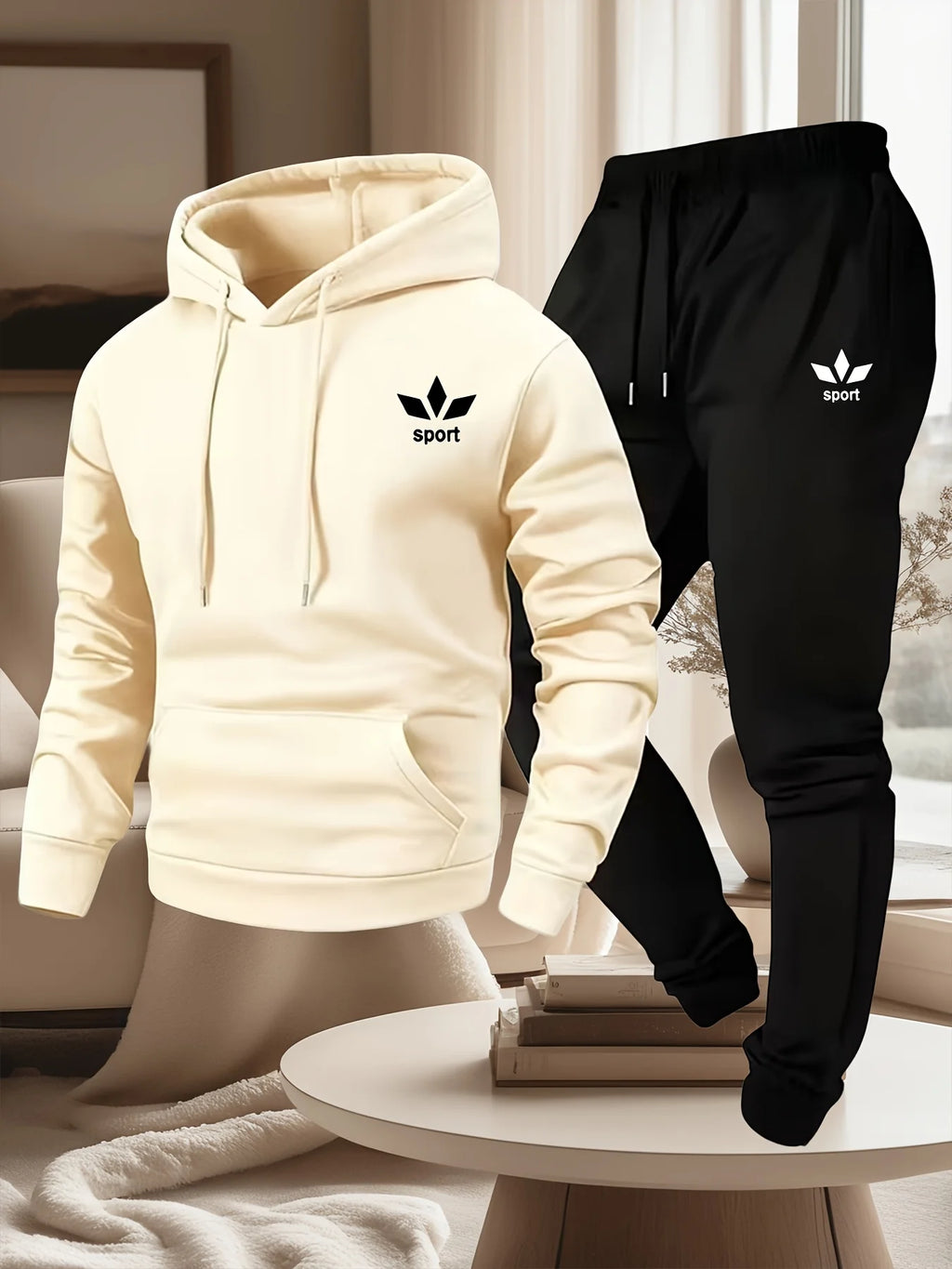 Men's Warm Fleece Lined Printed Hoodie and Jogger Pants Tracksuit Set