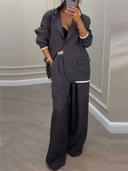 Women's Solid Lapel Blazer Wide Leg Pants Set