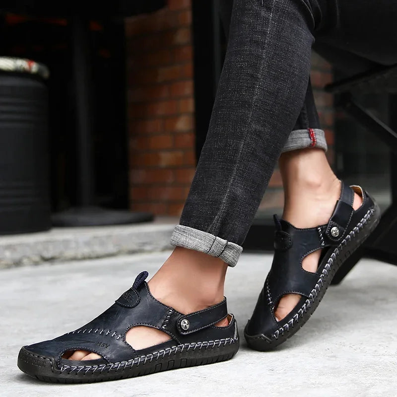 Yeinshaars Men's Casual Sandals Genuine Leather Non-Slip Flat Heel