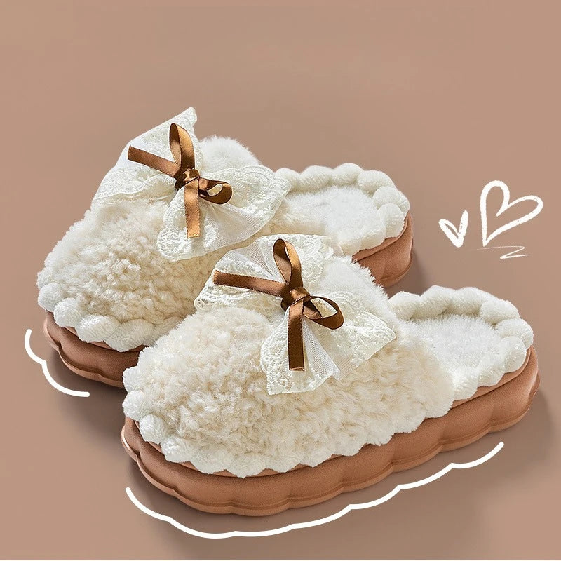 Women's Plush Bow Slippers Non-Slip Winter Indoor House Shoes