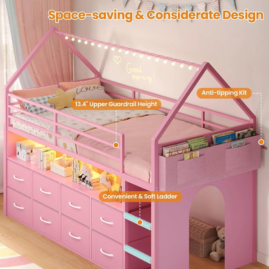 Kids' Twin Metal Low Loft Bed with Drawers and LED Lights Pink