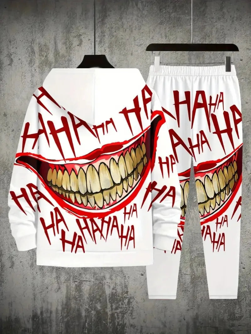 Men's Casual 3D Smiling Face Print Hoodie and Pants Set